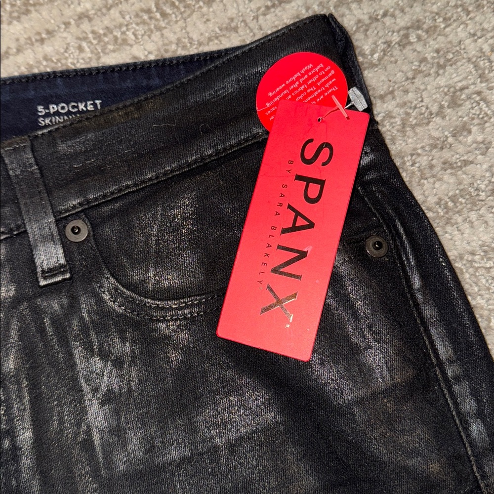NEW Spanx $178 Skinny Jeans Black Lacquer Wax Coated 29 Shaping Contouring pants - Picture 5 of 11